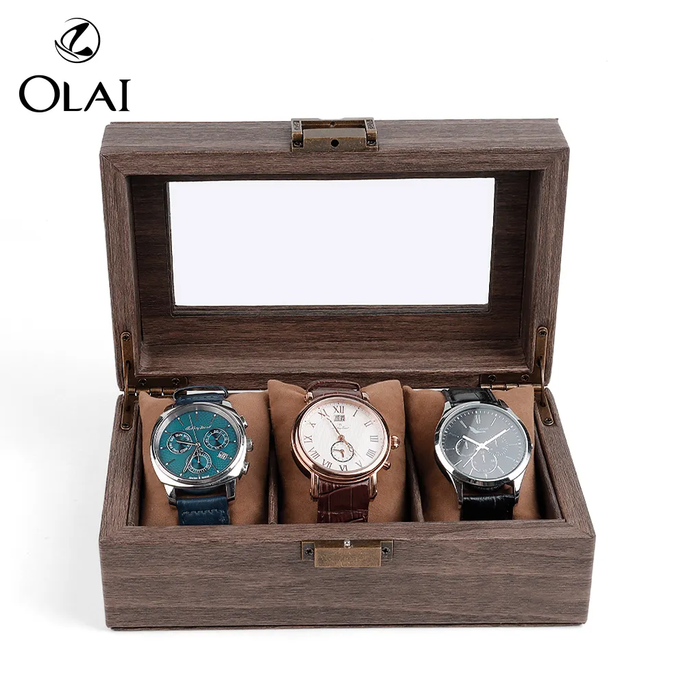 Olai Watch Box lusso legno grano PU pelle 3 slot Watch Box Packaging custodie per orologi