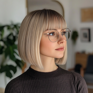 Peluca BOB al por Mayor, <span class=keywords><strong>Cabello</strong></span> Sintético Corto con Capas Doradas, Estilo Liso Marrón Oscuro con Flequillo, Aspecto <span class=keywords><strong>Natural</strong></span>, Encaje Transparente-SM416 - Product Image 6