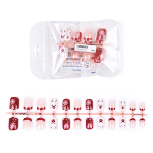 เล็บปลอมแบบกดติด 24 ชิ้น สไตล์ฝรั่งเศส ABS ทรงเหลี่ยมขนาดกลาง สีแดงขาวคริสต์มาส  แบบเต็มเล็บ - Product Image 1
