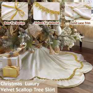 Jupe de sapin de Noël vintage rouge en velours de luxe avec dentelle dorée et bordure festonnée pour la décoration des fêtes - Product Image 4