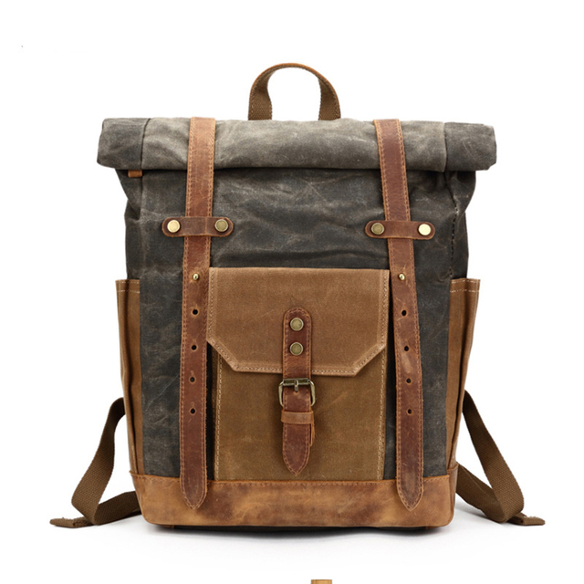In Stocks Waxed Canvas Rolltop Rucksack ,Genuine Leather Vintage Roll Top Travel Rucksack Laptop Men Camping Hiking Backpacks