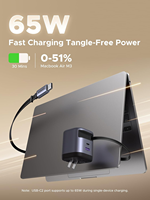 UGREEN blok pengisi daya USB C, pengisi daya USB C dapat ditarik 65W dengan kabel bawaan, pengisi daya dinding pengisian cepat 2 port kompatibel untuk iPhone