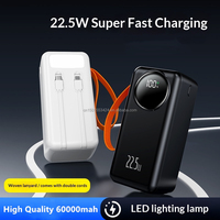Batterie externe multifonction portable 60000 mAh PD 22,5 W à charge rapide avec affichage numérique, 2 câbles et lampe torche
