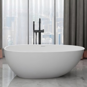 Baignoire autoportante ovale moderne en pierre artificielle <span class=keywords><strong>noire</strong></span> mate, de luxe, pour salle de bain intérieure, <span class=keywords><strong>avec</strong></span> drain, en surface solide, pour bain profond - Product Image 6