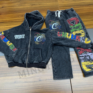 Survêtement à capuche et pantalon de survêtement zippé et délavé à l'acide, style de rue lourd et design - Product Image 1