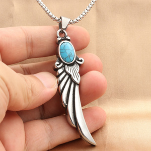 Pendentif en forme de plume d'aile en acier inoxydable avec incrustation de turquoise, collier pour homme, style rétro punk - Product Image 4