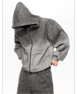 Ensemble deux pièces vintage streetwear pour homme : sweat à capuche orné de strass et pantalon de jogging délavé à l'acide - Product Image 2