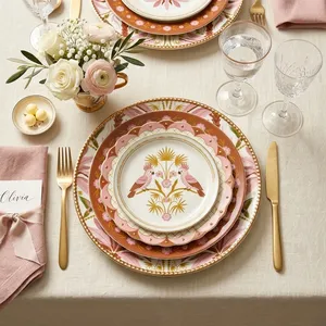 Juego de Platos de Cerámica Retro con Diseño de Loro Rosa, Vajilla de Porcelana de Lujo con Palmeras Tropicales, Plato Redondo para Postre y Ensalada para Bodas - Product Image 1