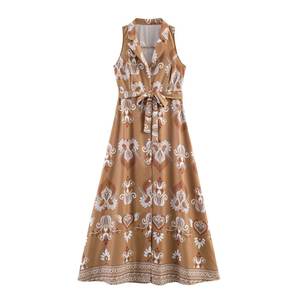 Vestido Maxi Bohemio de Verano para Mujer, Sin Mangas, Estampado Floral, Corte en A, Cintura Ajustable con Lazo, Holgado, Informal, de Poliéster Tejido - Product Image 1