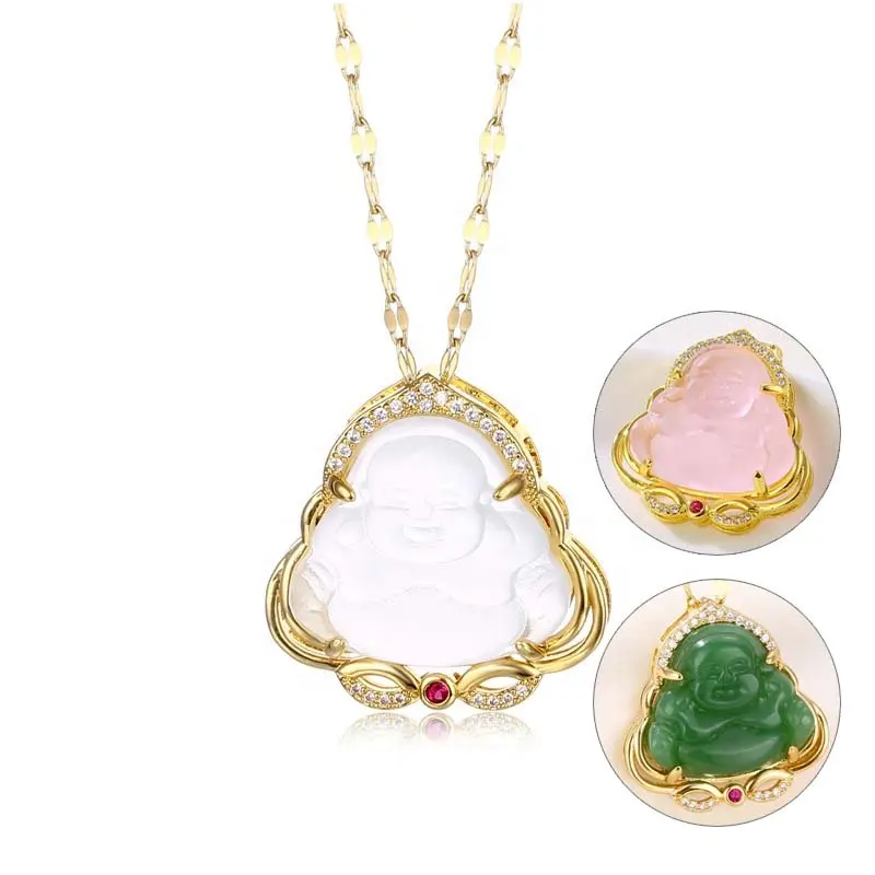 18k Gold Non Tarnish Mini Pink Green Jade Maitreya Buddha Pendant Necklace Stainless Steel Laughing Clear Buddha Necklace