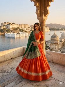 Orange Embroidered <b>Lehenga</b> Choli for <b>Women</b> with Green Dupatta Traditional Bridal Wedding Party Wear Ethnic Designer Outfit - Product Image 2
