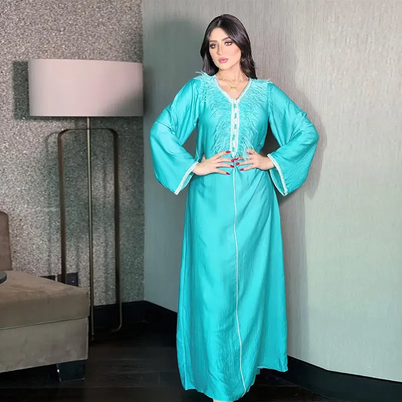 Fashion Feather Maxi Dress Women Long Sleeve Soft Fabric Loose Style Abaya Muslim Arabic Dubai Morroco Kaftan Evening Party Gown