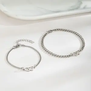 Fashion Simple Personalized Double Heart Bracelets For Women Men Couple Best Friend Stainless Steel Chain Bracelet Jewelry