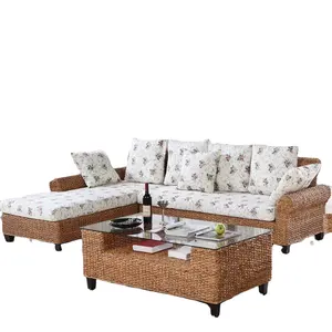 Super Cozy Upholstered Seagrass Sofa Table Set