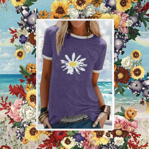 Camiseta de punto explosiva 100% algodón para mujer con estampado de margaritas pequeñas, cuello redondo, manga corta, adelgazante, a la moda y transpirable - Product Image 3
