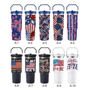Tasses isothermes en acier inoxydable de 30 oz avec drapeau américain du 4 juillet, 22 couleurs, tasses à drapeau américain pour le jour de l'indépendance, tasses isolées avec poignée - Product Image 1