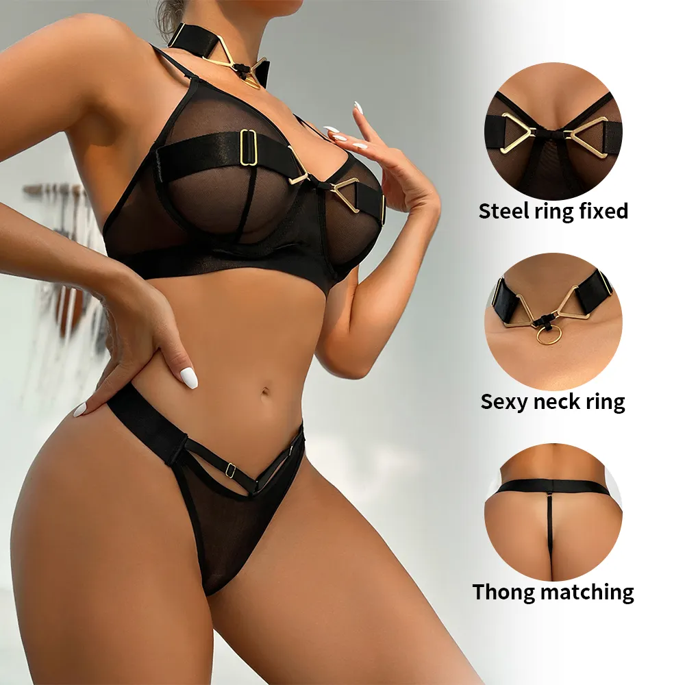 Vrouwen Zwart Transparant Lingerie 2 Delige Set Mesh Gestikt Ondergoed Accessoires Opknoping Hals Vrouwen Sexy Lingeries