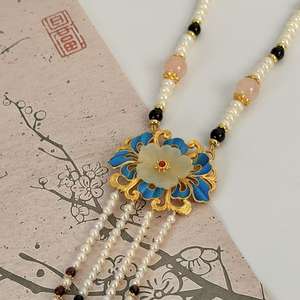 Peri Tarzı Hanfu Gerdanlık Doğal İnci Çiçek Desenli Altın Kaplama Uzun Püsküllü Kolye Cosplay ve Günlük Kullanım - Product Image 3