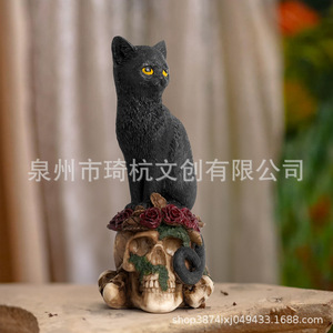 Statue d'chat et de corbeau en résine pour Halloween avec base en forme de crâne, ornement décoratif pour usage intérieur - Product Image 4
