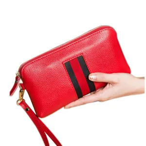 Bolso de muñeca personalizado para mujer, monedero de cuero auténtico, billetera larga de mano