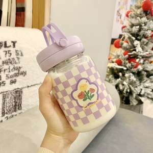 Cute Glass Water Bottle With Filter Checkered Pattern Portable For Travel And Office Use - Product Image 1