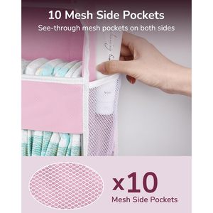 Organisateur de porte suspendu en tissu non tissé rose avec 5 grandes poches et 10 poches latérales en filet pour rangement de bébé - Product Image 2