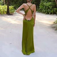 OEM/Vente en gros Robe sirène de luxe pour femme, verte, sexy, entrecroisée, dos, col en V, robe élégante longueur plancher