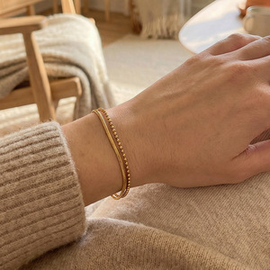 Two-Piece <b>Set</b> Twisted Texture Open <b>Bangle</b> & Mini Ball Bead Chain Stack Bracelet - Product Image 1
