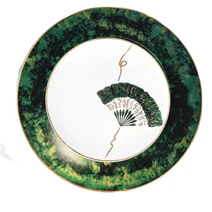 Plato de cerámica nórdico decorativo, vajilla con diseño de bosque tropical, vajilla china de hueso, vajilla de porcelana con borde dorado, venta al por mayor