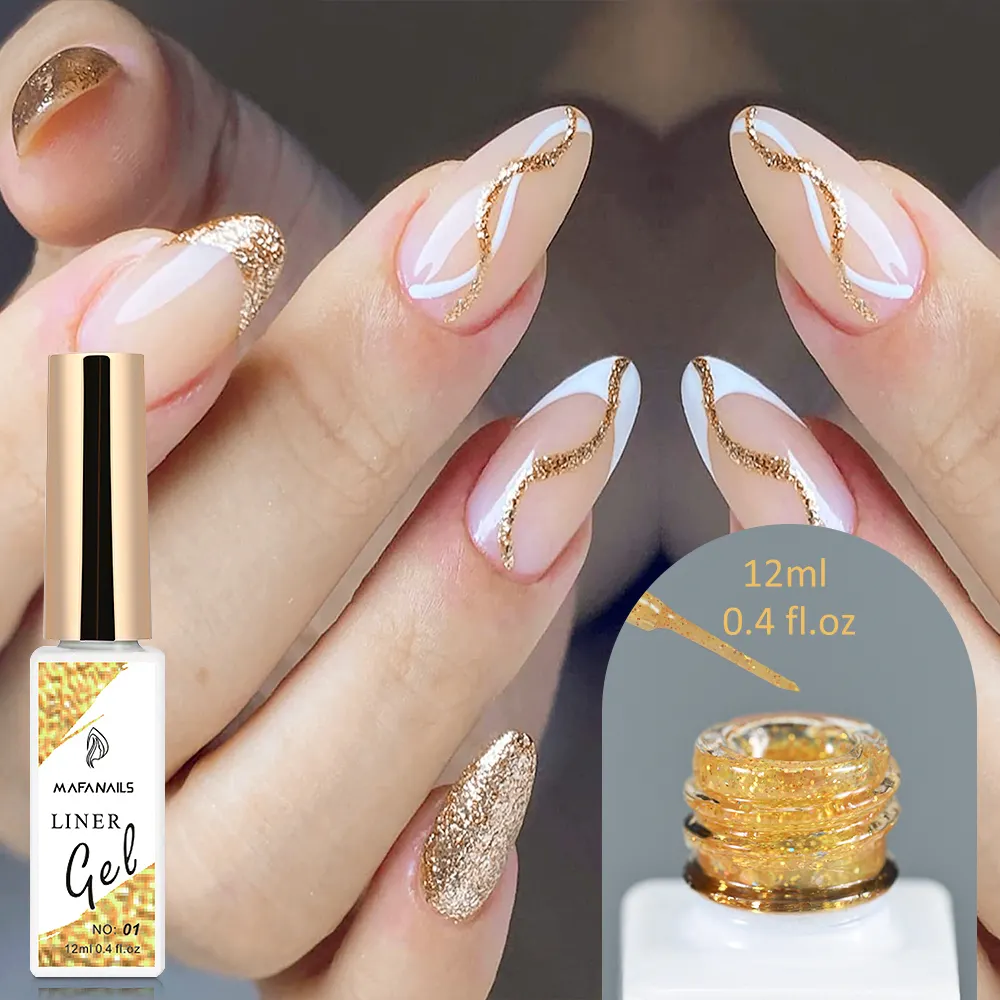 12ml Reflective Glitter Liner Gel Nail Art Polish Silver Gold Glitter Build in Thin Brush French Pull Line Graffiti Painted Gel