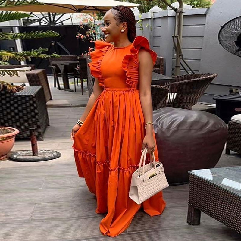 2026 Summer Ruffle Edge Sleeveless Round Neck Defined Waist Elegant Orange  Long Maxi Sun Dress Clothing| Alibaba.com