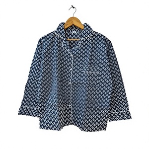 เสื้อเชิ้ตแขนยาวลายเรขาคณิตสำหรับผู้ชาย ผ้าฝ้ายทอ 100% เสื้อชุดนอนลำลองสำหรับฤดูร้อน มีกระเป๋า เป็นของขวัญสำหรับเธอ - Product Image 1