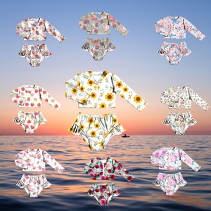 어린이 소녀 래쉬가드 2 종 딸기 패턴 수영복 세트 긴 소매 프릴 지퍼 수영복 태양 보호 - Product Image 1