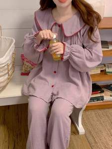 Pigiami in stile coreano con risvolto grande set di camicie <span class=keywords><strong>da</strong></span> <span class=keywords><strong>notte</strong></span> a maniche lunghe in <span class=keywords><strong>cotone</strong></span> 2024 nuovi indumenti <span class=keywords><strong>da</strong></span> <span class=keywords><strong>notte</strong></span> alla moda <span class=keywords><strong>da</strong></span> ragazza dolce e solida - Product Image 4