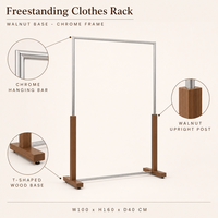 Porte-vêtements sur pied avec base en noyer et structure chromée, présentoir à vêtements, taille personnalisée en usine