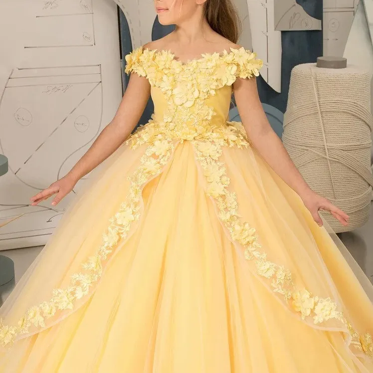 Gaun kontes applique bahu terbuka gaun Komuni Pertama untuk gaun pesta anak-anak gaun gadis bunga kuning untuk pernikahan