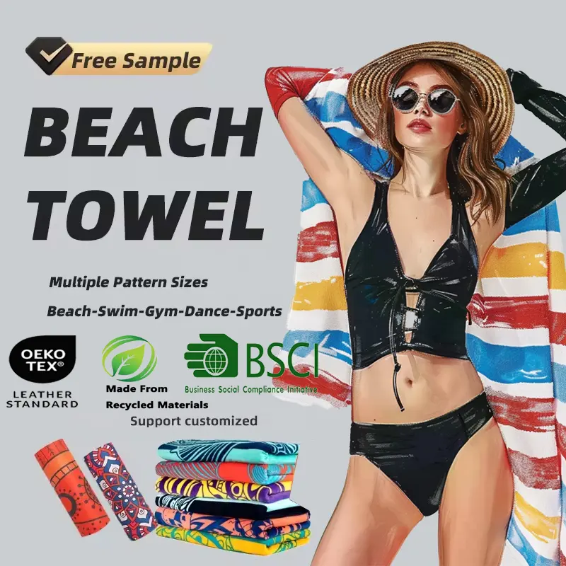 Rpet ringan penjualan terbaik daur ulang besar dicetak serat mikro Suede grosir pasir gratis Microfiber handuk pantai Khusus