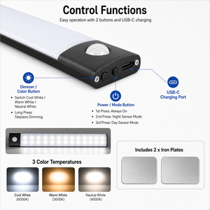30CM Rechargeable Motion Sensor Cabinet <b>Light</b>, 3 Color Stepless <b>Dimmable</b> Type-C Magnetic <b>LED</b> <b>Light</b> for Kitchen Wardrobe Closet - Product Image 2