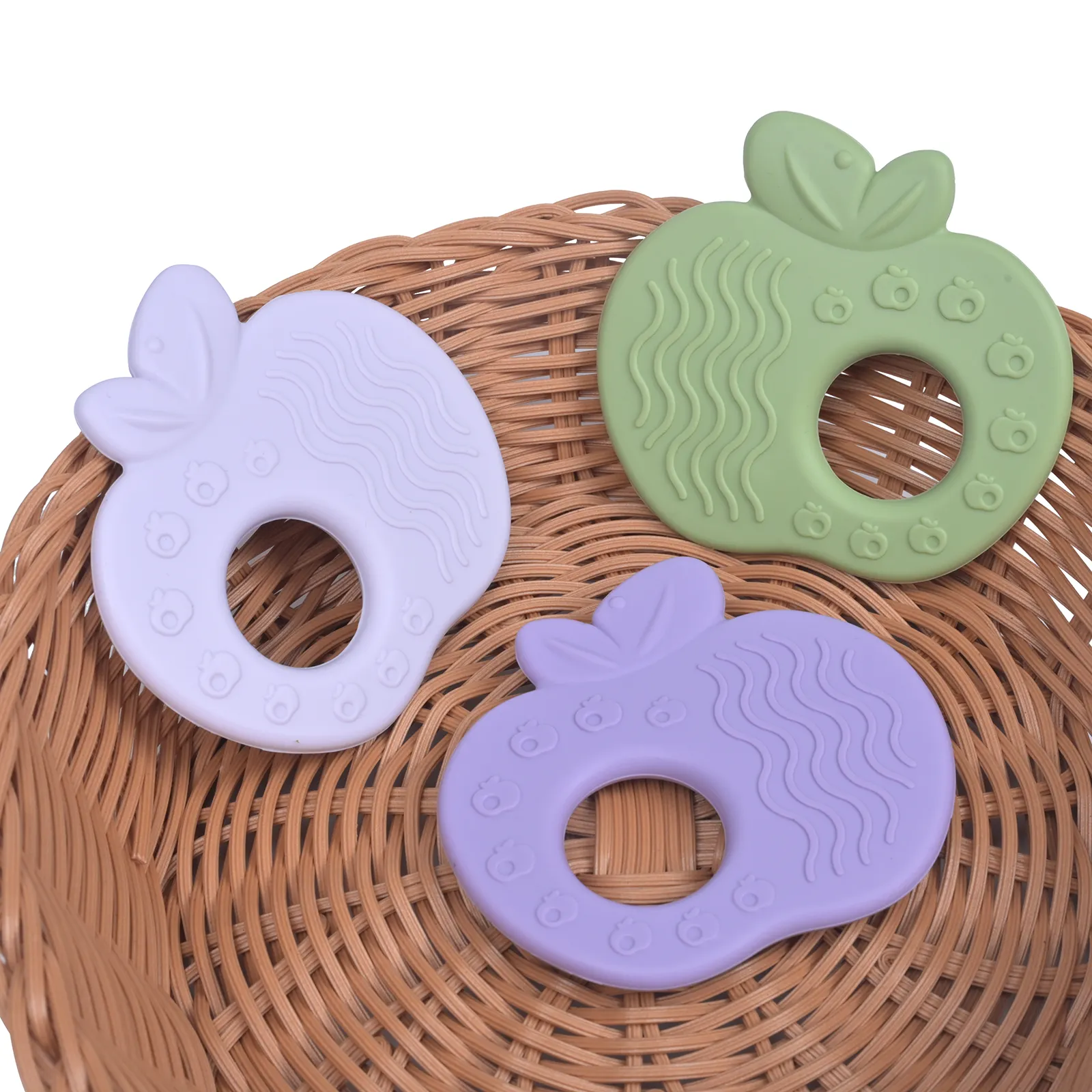 Food grade BPA free non toxic chewing apple shape toddler kids chew teether baby soft silicone teething sensory educational toy