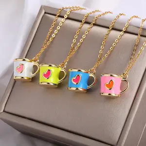Hot Sale Fashion Personalized Enamel Heart Pendant Necklace Cute Coffee Tea Cup Charm Necklaces Copper Plated Gold Necklaces