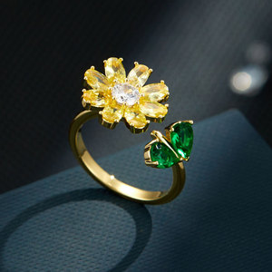 My Muyu Forest Style Sunflower Open Ring Gold Tone Zircon Pave Setting Adjustable Index Finger Jewelry Gift - Product Image 4