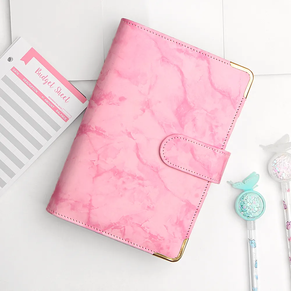 Hot Selling Cash Budget Planner Savings Money Organizer A6 Binder Marbled Leather Notebook With Zipper Envelopes