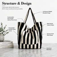 Sac fourre-tout en toile de coton noir de taille moyenne avec logo personnalisé, imprimé rayé et longue anse, idéal pour lancement de marque, fabrication OEM