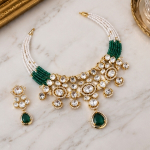 Stylish 925 <b>Silver</b> Necklace and Earrings Set with Green Drops and White Beads Elegant Indian Bridal Party Jewelry - Product Image 2
