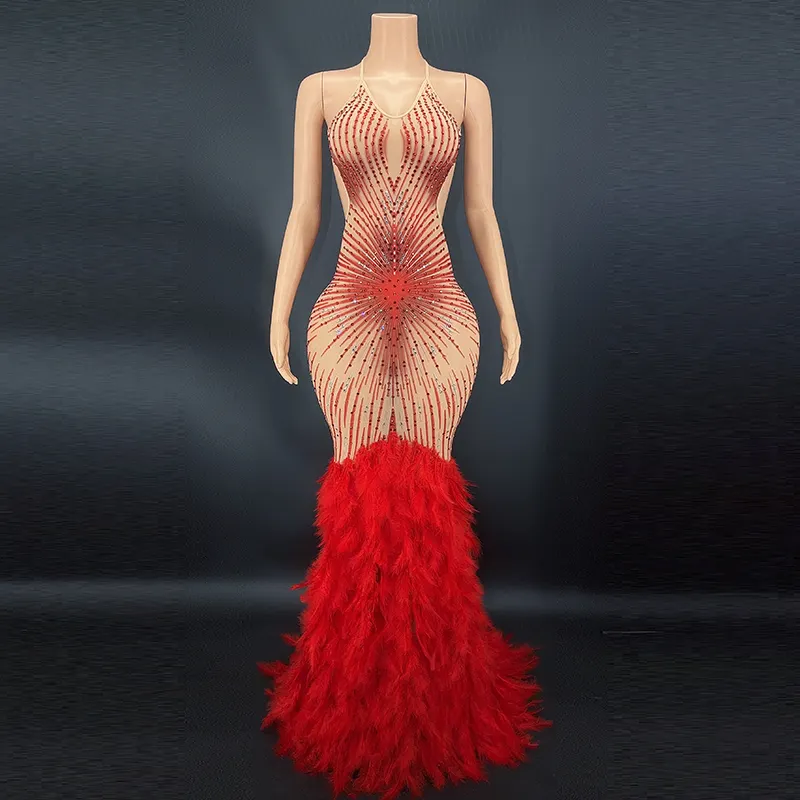 Nocance Y2692 Trending Hot Products 2022 Rhinestone Feather Dress Mesh Red Evening Gown Elegant Otros Vestidos Novance