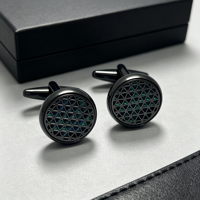 Kancing Manset Bulat Logo Kustom Pabrik Warna Hitam Gunmetal Pola Jaring Geometris Aksesoris Kemeja Pria Grosir Hadiah Bisnis