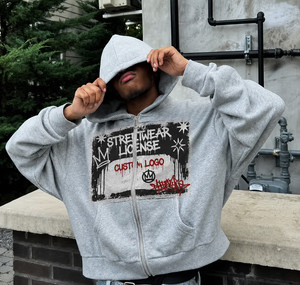 Felpa con Zip Personalizzata 400gsm Stile <span class=keywords><strong>Y2K</strong></span> Streetwear, Taglio Corto Oversize con Grafica per Uomo - Product Image 1