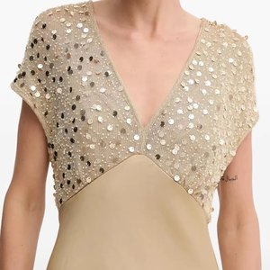 Vestido de Noche Largo Leduo Personalizado para Mujer, con Cuello en V Dorado, Manga Corta y Adornos de Lentejuelas - Product Image 1