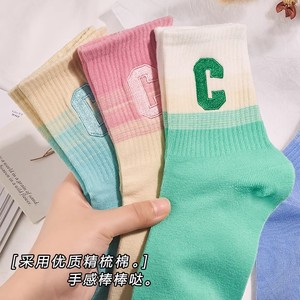 Women Crew Socks Gradient Color Cotton Polyester Blend Sweat Absorbent Letter C Design Spring Autumn Casual Wear - Product Image 4