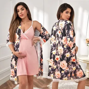 Camisola de enfermagem com robe, camisola com robe de maternidade sólido para relaxar